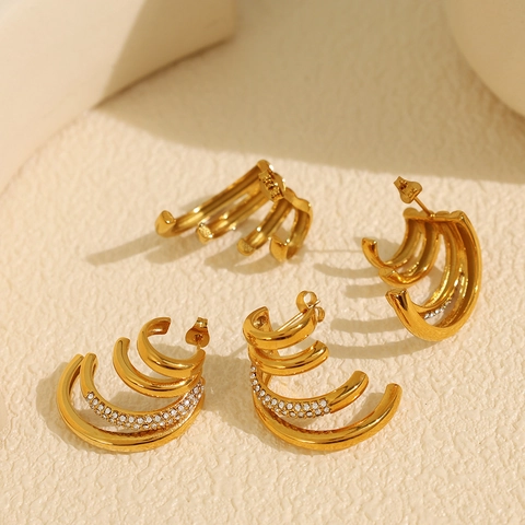 Irregular Stainless Steel Multi-Layer Hoop Earrings For Women Gold Plated Pave Rhinestone Geometric Fashion Jewelry Accessory