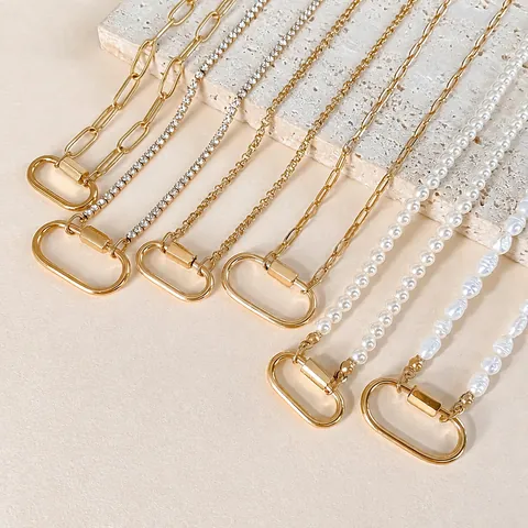 Stainless Steel Necklace With Oval Carabiner Clasp DIY Pendant For Women Gold Silver Plated Artificial Pearl Rhinestone Paperclip Chain Fashion Jewelry Gift