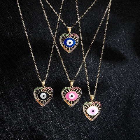 Evil Eye Herz Anhänger Halskette Kupfer 18K Vergoldet Bunte Zirkonia Emaille Romantischer Schmuck Für Damen