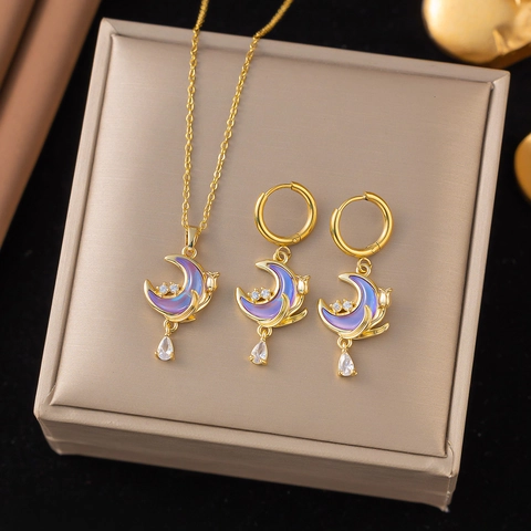 Stainless Steel Dreamy Moon Pendant Necklace Hook Earrings Jewelry Set For Women Gold Plated Enamel Rhinestone Accessory Gift