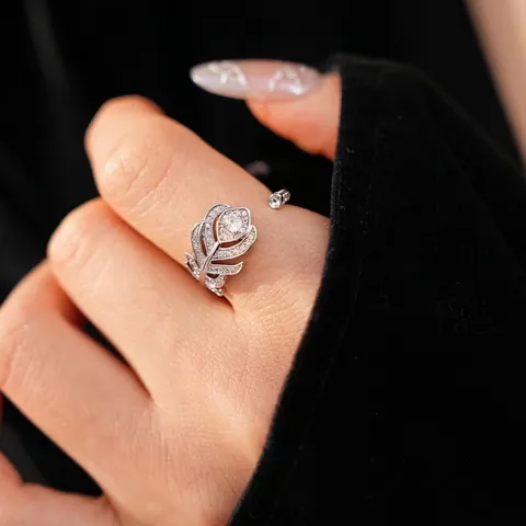 Feder Blatt Hohl Offener Ring Zirkon Eingelegt Kupfer Silber Farbe Verstellbar Mode Schmuck Für Frauen