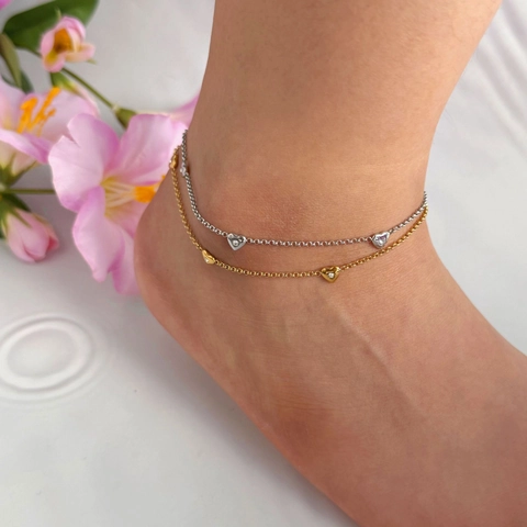Cavigliera Con Ciondolo A Cuore In Acciaio Inossidabile Placcato Oro PVD Zircone Intarsiato Elegante Gioiello Da Piede Per Donna