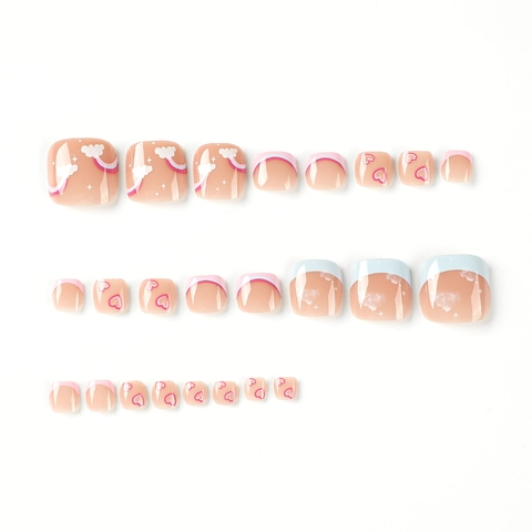 Press On Fußnägel French Tip Blau Rosa Regenbogen Wolke Herz Quadratisch Glänzend Künstliche Falsche Nägel Damen