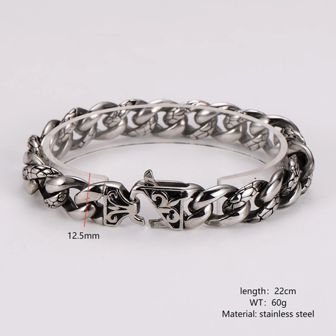 Mens Stainless Steel Cuban Link Bracelet Dragon Scale Texture Retro Gothic Hip Hop Heavy Jewelry Steel Color