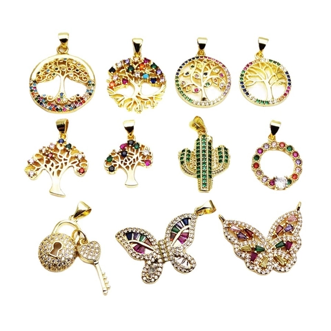 Tree Of Life Cactus Butterfly Pendants Copper Gold Plated Colorful Zircon For DIY Jewelry Making Necklace Accessories