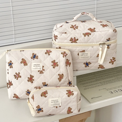 Gesteppte Gestreifte Kosmetiktasche Cartoon Bär Print Tragbare Reise Kosmetik Organizer Aufbewahrungstasche Mit Reißverschluss