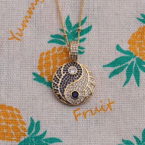 Tai Chi Yin Yang Pendant Necklace Copper Gold Plated Zircon Inlaid Ethnic Zen Jewelry Women