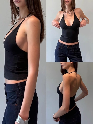 Halter Neck Tank Top Deep V Backless Slim Fit Cropped Sexy Streetwear Nylon Spandex Solid Color Women
