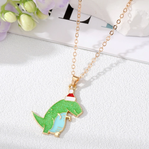 Cartoon Dinosaurier Anhänger Halskette Legierung Glitzer Emaille Weihnachtsmütze Geschenk Design Niedlicher Schmuck