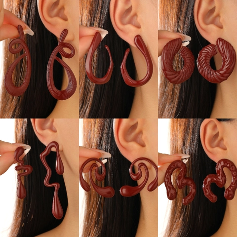 Vintage Burgundy Red Geometric Stud Earrings For Women High Grade Metal Enamel Heart Bow Knot Drop Earrings Jewelry Gift