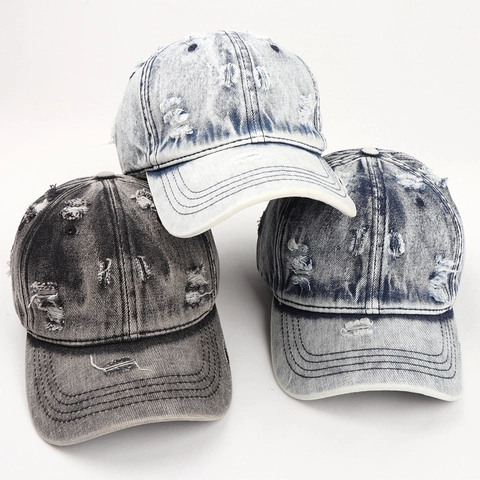 Cappello Da Baseball In Denim Lavato Vintage Foro Distressed Retrò Streetwear Parasole Cappello Regolabile