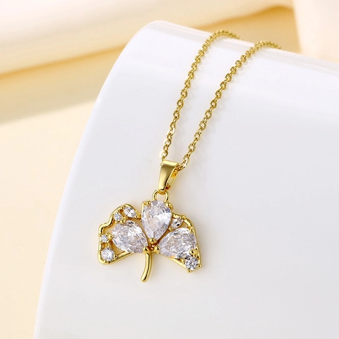Ginkgo Blatt Anhänger Halskette Edelstahl Golden Fächerförmig Mit Zirkon Eleganter Schmuck Für Damen Mode Accessoire