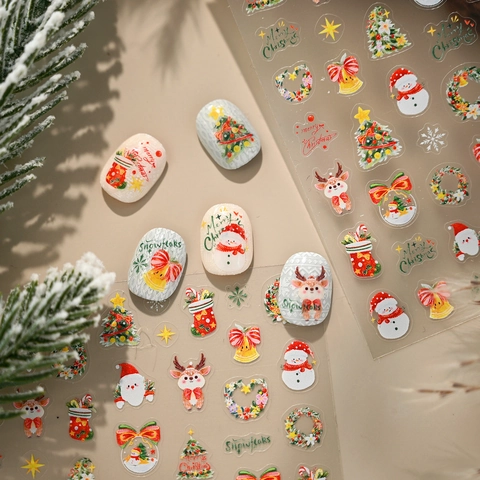 Autocollants Ongles Noël Aquarelle Père Noël Bonhomme De Neige Renne Sapin 3D Gaufrés Stickers Ongles Adhésifs Décor Fête