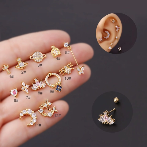 Stainless Steel Zirconia Ear Cartilage Stud Earrings For Women Tiny Crown Planet Moon Helix Piercing Screw Back Jewelry