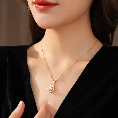 Collar Con Colgante De Cobre Chapado En Oro Real Con Perla Artificial De Imitación Y Zircón Cadena De Clavícula De Lujo Retro Francés