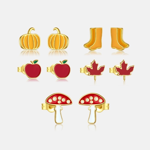 Cute Autumn Enamel Stud Earrings With 925 Sterling Silver Earring Post Pumpkin Apple Mushroom Maple Leaf Gold Plated Jewelry Women