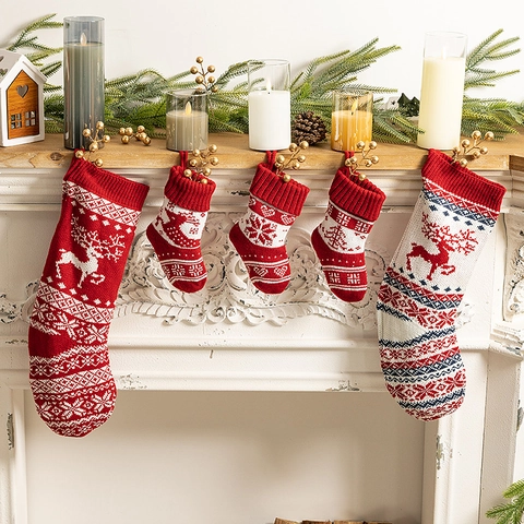 Knitted Christmas Stocking Reindeer Snowflake Tree Pattern Holiday Home Fireplace Hanging Decoration Gift Bag