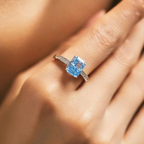 Anello In Argento Sterling 925 Zircone Blu Chiaro Rettangolare Taglio Fiore Di Ghiaccio Lusso Matrimonio Banchetto Per Donne