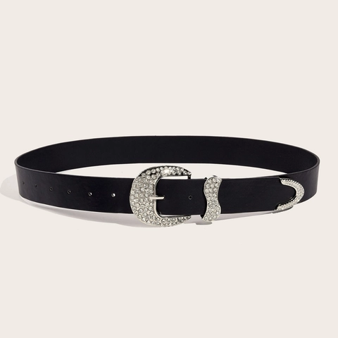 Women American Retro PU Leather Belt With Sparkling Rhinestone Horseshoe Buckle Personalized Black Waist Strap Fashion Decor Belt