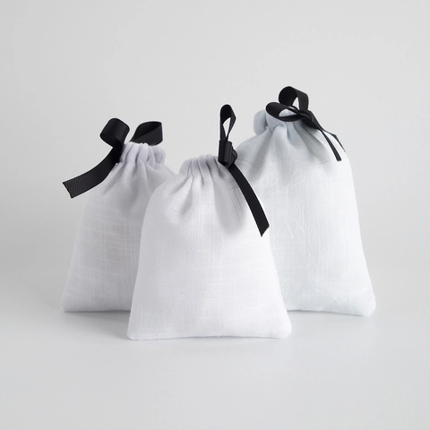 Cotton Slub Jewelry Packaging Drawstring Pouch With Black Ribbon Bow For Gift Storage Small Organizer Cloth Bags