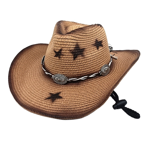 Chapeau De Cow-Boy En Paille Imprimé Étoiles Dégradé Bord Large Protection Solaire Cordon Coupe-Vent Réglable Style Rétro