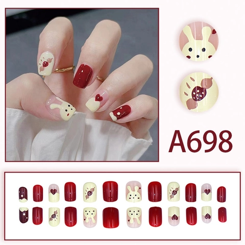 Press On Nails Short Round Square Shape Cute Cartoon Rabbit Red Heart Creamy White Artificial Wearable False Nails