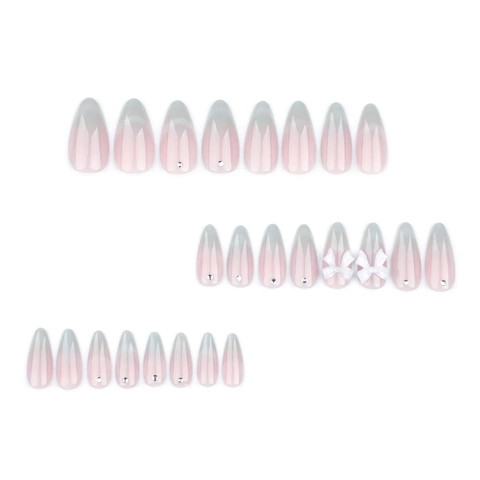 Press On Nails Cat Eye Ombre Amandelvorm Franse Manicure Met 3D Strikjes En Steentjes Zoete Kunstnagels Voor Dames