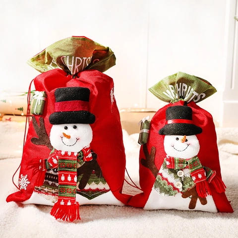 Christmas Gift Bag Linen Fabric With 3D Santa Snowman Reindeer Drawstring Candy Pouch For Holiday Party Decor