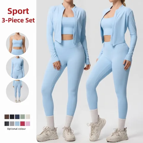 Women Sports Workout Clothes High Stretch Stand Collar Zipper Jacket Top And High Waist Leggings Gym Fitness Running