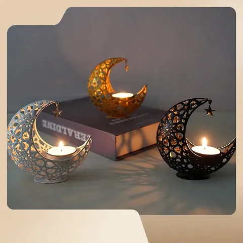Moon Candle Holder Iron Hollow Crescent Shape With Star Pendant Vintage Ramadan Desktop Ornament Tealight Tray Home Decor