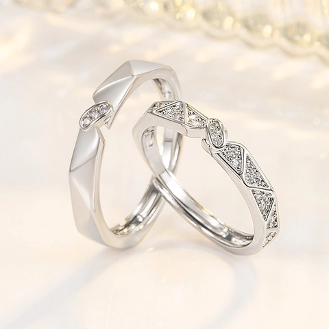 Geometric Couple Ring Copper Zircon Micro Pave Adjustable Open Ring Wedding Jewelry For Lovers Commuting Style