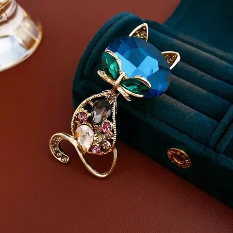 Spilla Gatto Strass Colorati Pin Animale Incavato Gioielli Eleganti Cristallo Blu Lusso Per Decorazione Abbigliamento Donna