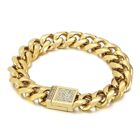 Cuban Link Chain Bracelet Iced Out Rhinestone Clasp Stainless Steel Hip Hop Punk Jewelry For Men Unisex