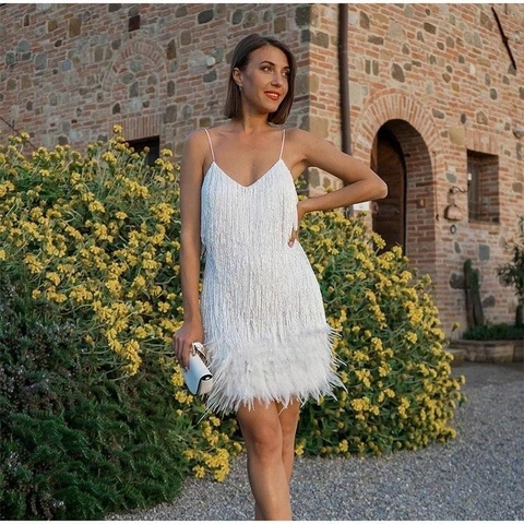 Vestido Sexy para Mujer con Cuello en V Lentejuelas Borlas y Plumas Sin Mangas Tirantes de Espagueti Fiesta Noche Vestido de Cóctel Elegante Ajustado