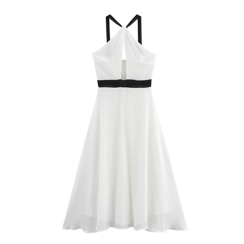 Elegant Halter Neck Maxi Dress Backless Color Block Hollow Out High Waist Sexy Polyester Sleeveless For Women
