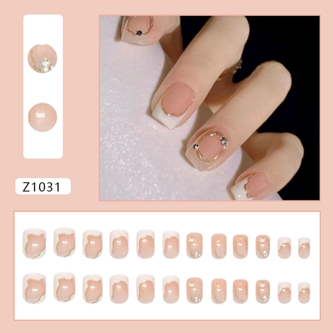 Faux Ongles French À Presser Carrés Ovales Rose Nude Blanc Bordure Feuille D Or Strass Manucure Plastique Pour Femmes