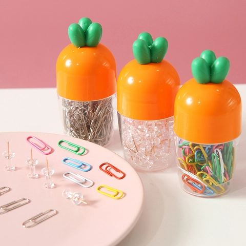 Carrot Shape Stationery Holder With Metal Paper Clips And Push Pins Cute Decorative Desktop Storage For Office Students