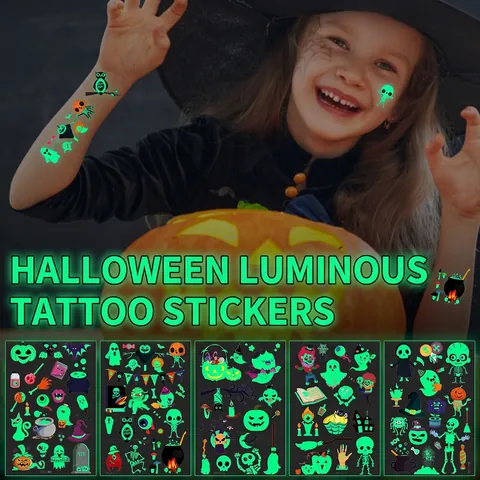 Adesivi Per Tatuaggi Temporanei Luminosi Di Halloween Bagliore Al Buio Impermeabili Cartoni Animati Zucca Per Bambini