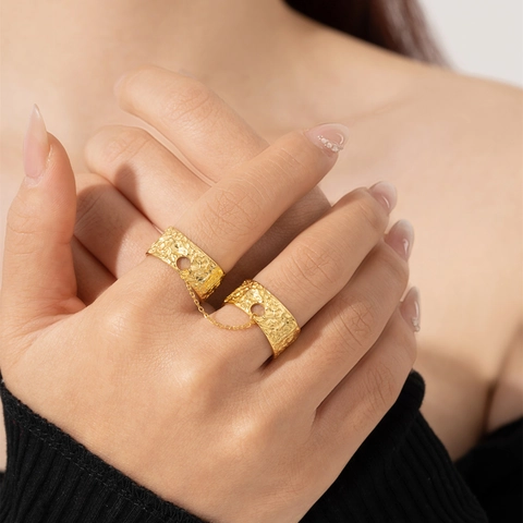 925 Sterling Silver Double Finger Ring Chain Connected Adjustable Open Ring Hammered Texture Fashion Finger Jewelry For Women