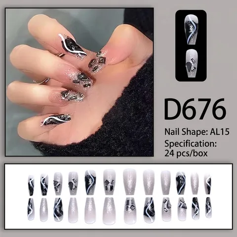Künstliche Nägel Zum Aufkleben Strass Glitzer Lange Trapezform Dunkler Stil Luxus Elegant Für Frauen