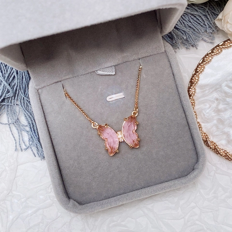 Butterfly Pendant Necklace Copper With Cut Glass Crystal Wings Zircon Inlaid Box Chain Dreamy Elegant Jewelry For Women