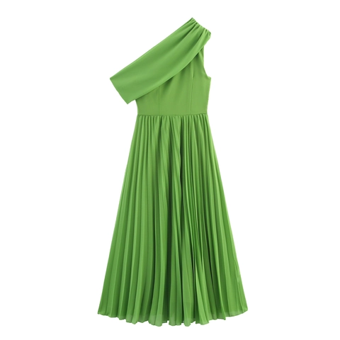 Vestido Largo Plisado De Un Hombro Para Mujer Elegante Sin Mangas Cintura Alta Color Sólido Asimétrico Gasa Poliéster