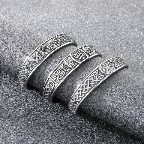Viking Cuff Bangle Stainless Steel Vintage Nordic Runic Wolf Head Vegvisir Celtic Knot Punk Jewelry For Men