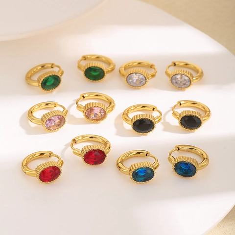 Orecchini Huggie Con Zircone Ovale Acciaio Inossidabile Placcato Oro 18K Vintage Lusso Gioielli Con Pietre Colorate Per Donna