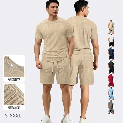 Completo T-Shirt E Pantaloncini Da Uomo Outfit Casual Estate Trama Jacquard Nido D'Ape Manica Corta Traspirante Tinta Unita