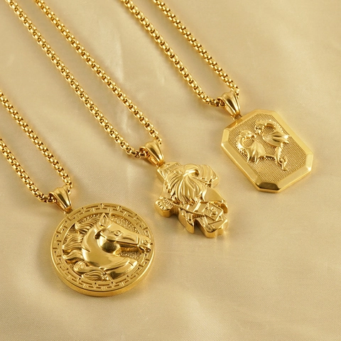 Collier Pendentif Tête Cheval 3D Acier Inoxydable Or 18K Motif Clé Grecque Hip Hop Bijoux Homme