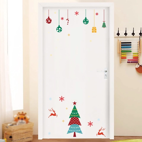 Weihnachten Türaufkleber PVC Wandtattoo Rentier Schneeflocke Baum Muster Selbstklebend Festliche Heimdekoration