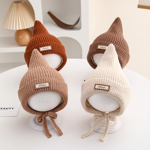 Baby Winter Warme Gebreide Muts Puntige Elfenmuts Met Oorklappen En Strikbanden Acryl Zachte Muts Voor Peuters Baby's