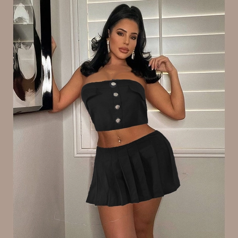 Conjunto Sexy De Top De Tubo Y Mini Falda Plisada Para Mujer Algodón Color Sólido Decoración Botones Streetwear