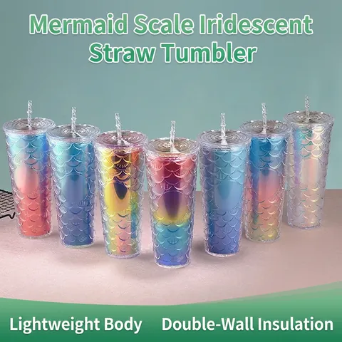Mermaid Fish Scale Straw Cup Double Layer Plastic Glitter Tumbler Iridescent Gradient Water Bottle Portable Leakproof